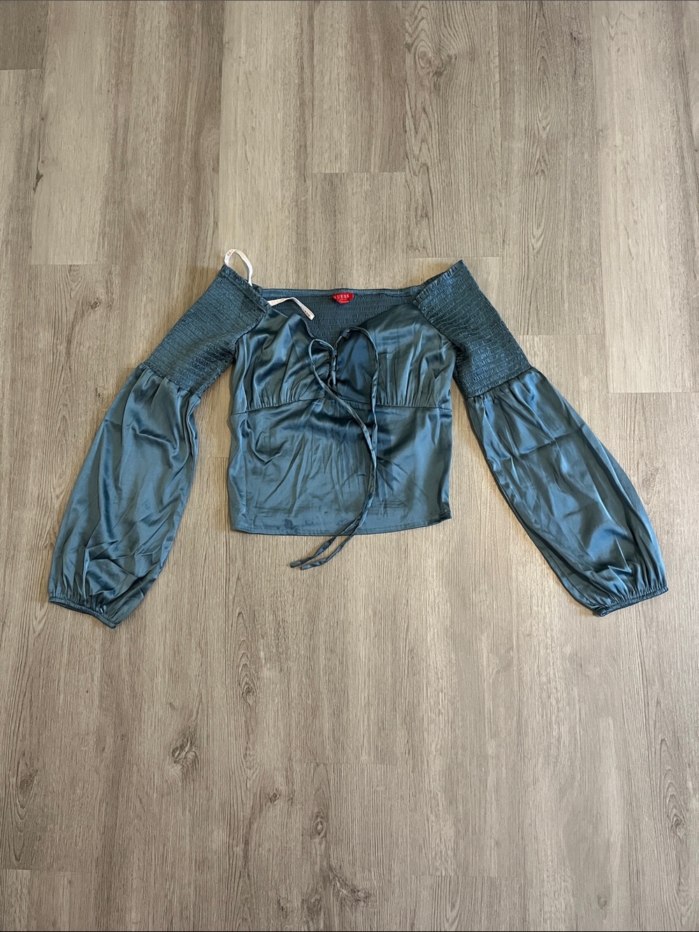 Guess Teal Satin Off-Shoulder Crop Top with Balloon Sleeves